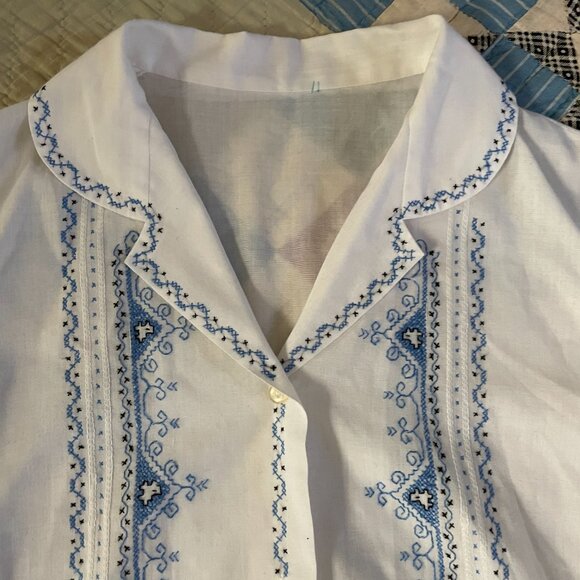 60s 70s Greek Boho Light Cotton Blend Embroider Needlepoint Button Up Blouse Med - Picture 9 of 13